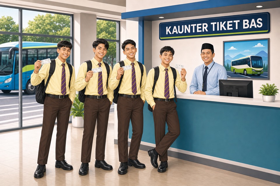 Pelajar MRSM memegang tiket bas di kaunter tiket bas
